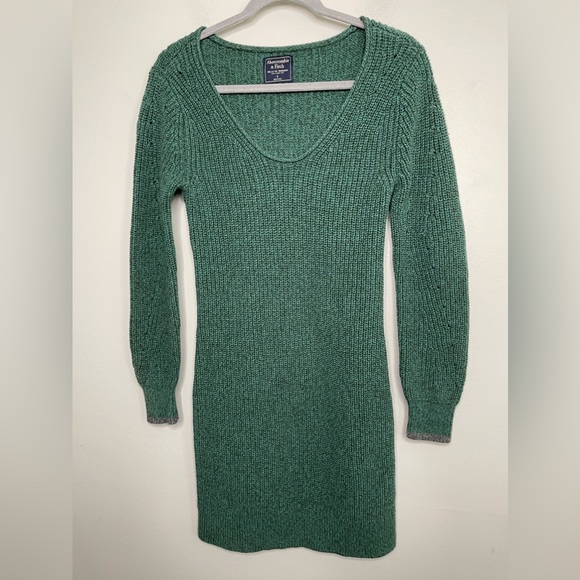 Abercrombie V Neckline evergreen Chunky Cable Knit Sweater Fitted Y2K Dress Sz S - Picture 2 of 9